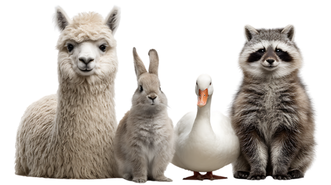 A group of farm and wild animals including llama, rabbit, duck, and raccoon, isolated on transparent background