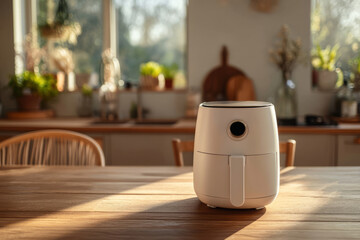 Matte white air fryer standing on wooden kitchen table near window