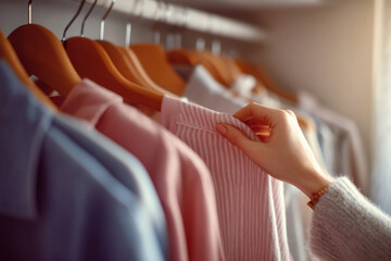 Womans hand browsing colorful shirts on wooden hangers in store