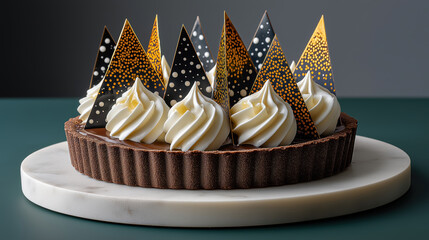 Gourmet chocolate tart with piped cream and elegant decorations. Modern festive dessert with gold and polka dot chocolate shards on a marble stand