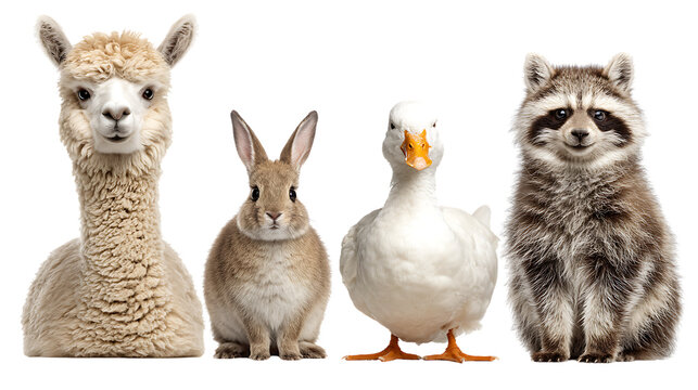 Alpaca, rabbit, duck, and raccoon posing together isolated on transparent background