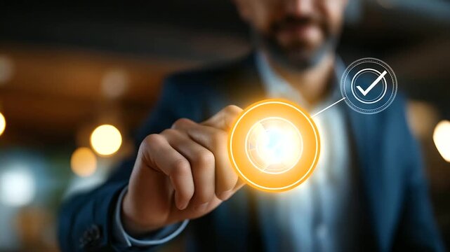 Approve or reject option on virtual screen faceless framing room gently defocused businessman selecting approve for document project evaluation and QA approval decision with