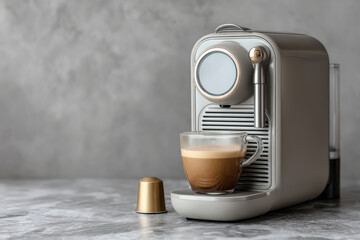 Modern capsule coffee machine brewing fresh coffee into a glass cup on gray marble counter