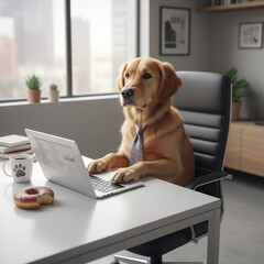 Serious Dog Executive Typing on Laptop in Modern Office