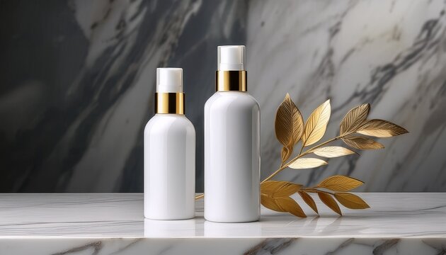 white cosmetic bottles with gold caps on marble surface minimalist skincare product display