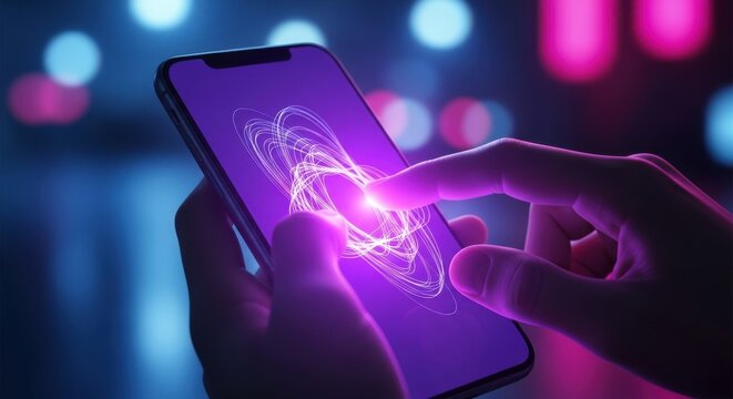 Close up of a finger touching a smartphone screen with abstract purple graphic