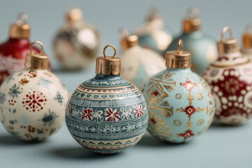 Retro style Christmas baubles with geometric patterns on pastel background