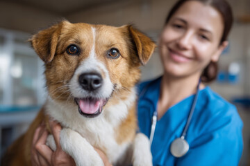Smiling veterinarian in blue uniform holding brown and white dog in clinic