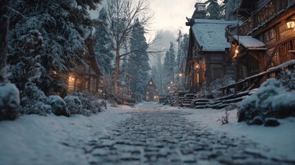 A snowy path through a winter village,