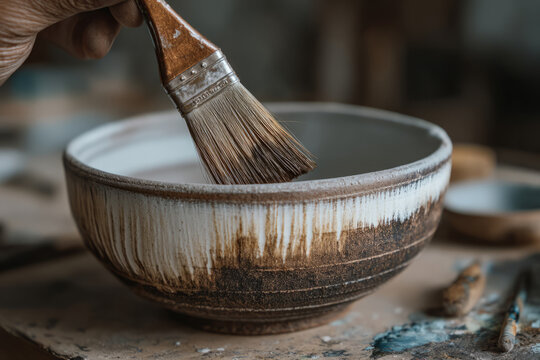 Artisan hand applying glaze on ceramic bowl with brush in pottery studio - Powered by Adobe