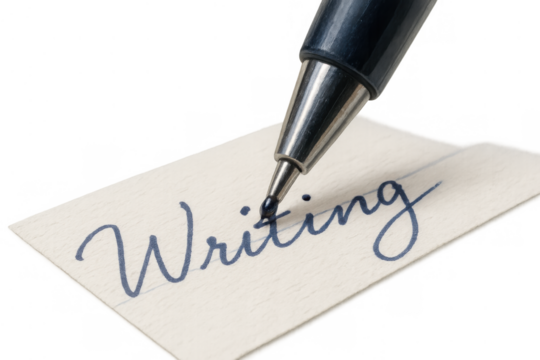 Pen writing writing in cursive on a piece of paper, emphasizing education, communication, and learning, transparent background - Powered by Adobe