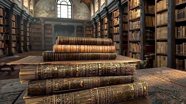 Ancient Library Interior with Massive Leather Bound Books Stacked on Wooden Floor Under Vaulted Ceiling