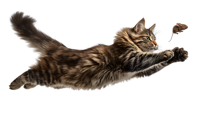 A tabby cat leaping to catch a mouse, isolated on transparent background