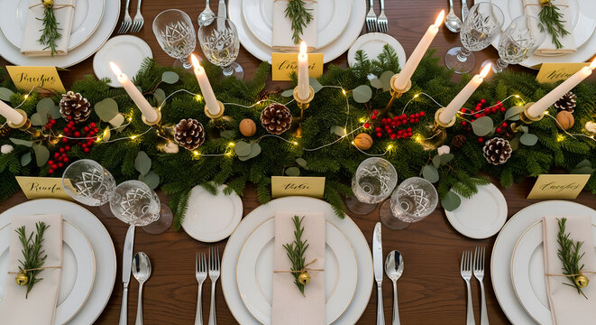 Elegant Christmas Dinner Table Setting with Candles and Greenery