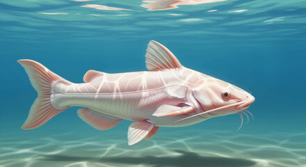 Naklejka premium Pink Catfish Swimming Underwater in Clear Blue Water.