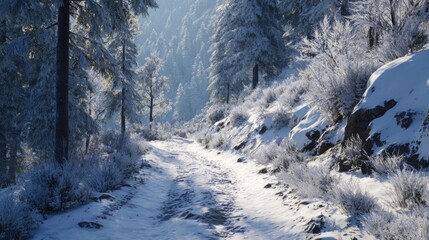 A snowy path through a winter wonderland,