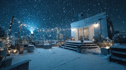 A snowy rooftop with a Christmas light projector,