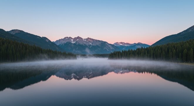 Tranquil alpine lake reflects rugged snowcapped peaks amidst low morning mist - Powered by Adobe