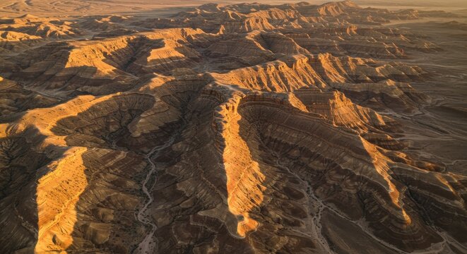 Aerial perspective showcases dramatic eroded mountain ranges bathed in golden sunlight