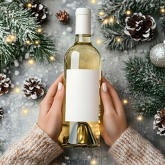 Holiday White Wine Bottle Label Mockup with Holiday Lights and Fir Branches