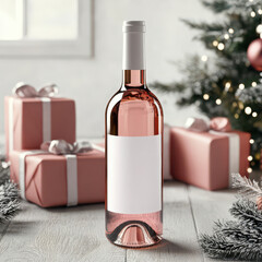 Christmas Rosé Wine Bottle Label Mockup on a Light Festive Background with Holiday Gifts