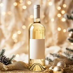Elegant White Wine Bottle Mockup with Christmas Tree Lights