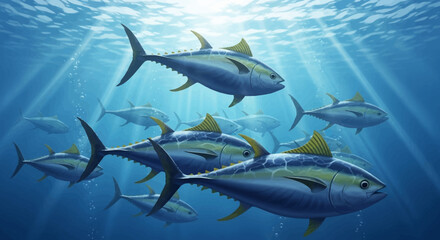 Naklejka premium School of Yellowfin Tuna Swimming in Ocean Waters with Sun Rays.