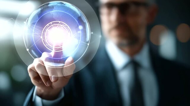 AI technology concept crop below eyes background softly defocused artificial intelligence for business data analysis businessman with AI assistant icon on virtual screen intel