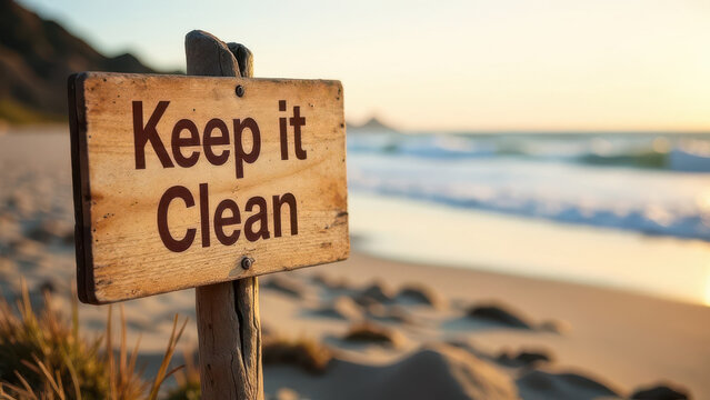 A rustic wooden sign displaying the message about cleanliness stands on a sandy beach, with gentle waves lapping at the shore and a warm sunset illuminating the scene
