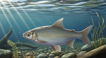 Naklejka premium Silver Chub Fish Swimming in Clear Water with Sun Rays.