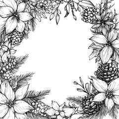 Vintage hand-drawn floral Christmas frame featuring poinsettia flowers, pine branches, and cones. Ideal for greeting cards, invitations, and elegant festive layouts. AI-generated.