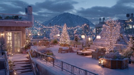 A snowy rooftop with a Christmas light display,