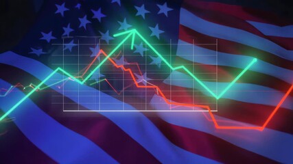 Stock market green red color economy. usa flag background. Trends economic Effect recession on US economy - Powered by Adobe