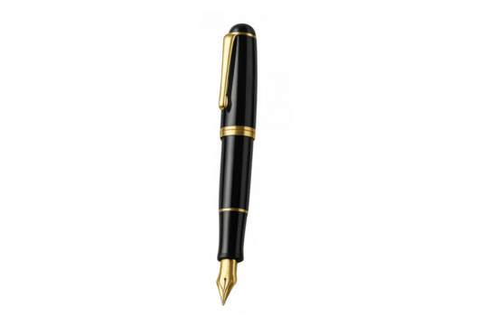 Black and gold fountain pen with a shiny nib, representing luxury, professionalism, and classic stationery. Transparent background