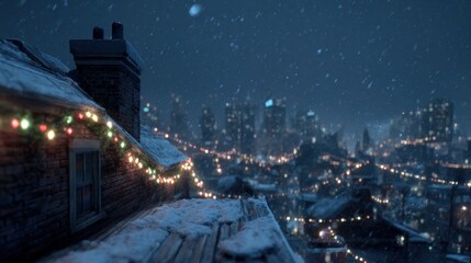A snowy rooftop with a Christmas light,