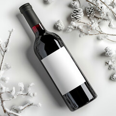 Red Wine Bottle Mockup in Festive White Winter Holiday Setting