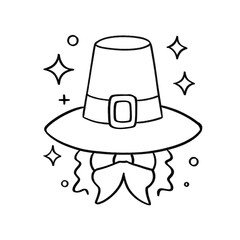 Pilgrim hat with buckle and hair in black line art style with festive sparkles