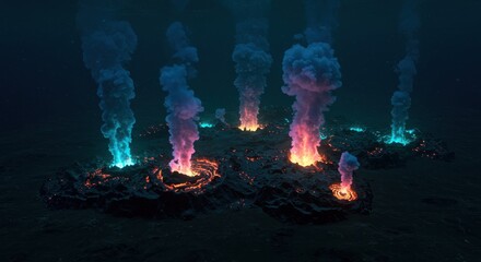 Deep ocean geological features release plumes of hot, colored gases into dark water