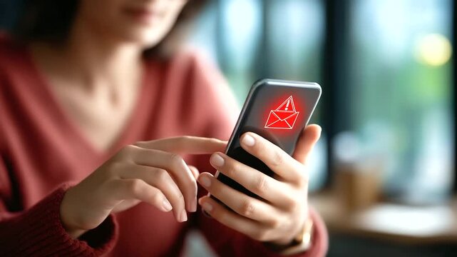 Email spam concept faceless framing room gently defocused warning notification and spam message spam email on smartphone security alert unwanted messages email filtering - Powered by Adobe