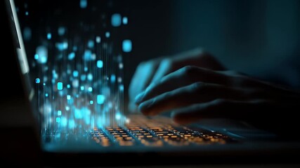 Hands typing on laptop with glowing digital data particles. - Powered by Adobe