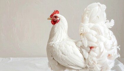 A close-up of a white chicken in front of a white wall backdrop