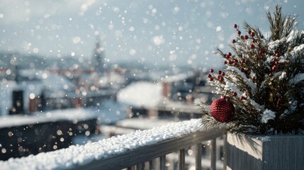 A snowy rooftop with a Christmas decoration,