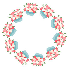 Vector round frame made of pink and white flower bouquets in blue vases, with space for text, perfect for wedding cards, floral packaging, invitations, spring posters and decoration