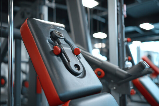 Close-up of chest press machine in modern gym