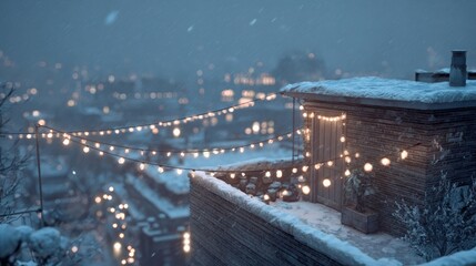 A snowy rooftop with a Christmas light display,