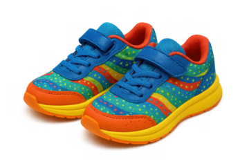 Vibrant kids sneakers in blue, orange, yellow and green with playful stripes and dots, velcro strap, studio cutout, front/top views