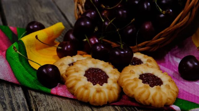 Cookies with cherry jam. Homemade freshly baked shortbread cookies	