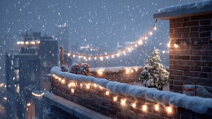 A snowy rooftop with a Christmas light,