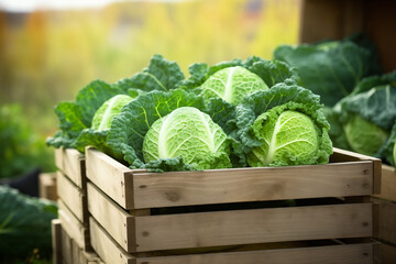 savoy cabbage fresh in wooden crate on blurred plantation background
