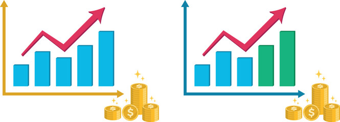 
Illustration of a financial growth chart with rising bar graphs, upward trend line, and stacks of golden coins symbolizing business success, profit increase, and economic progress. Perfect for invest